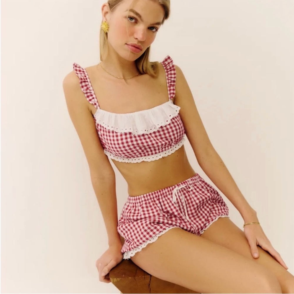 Reformation Red and White Gingham Ruffle Romee Cropped Top - Picture 4 of 4